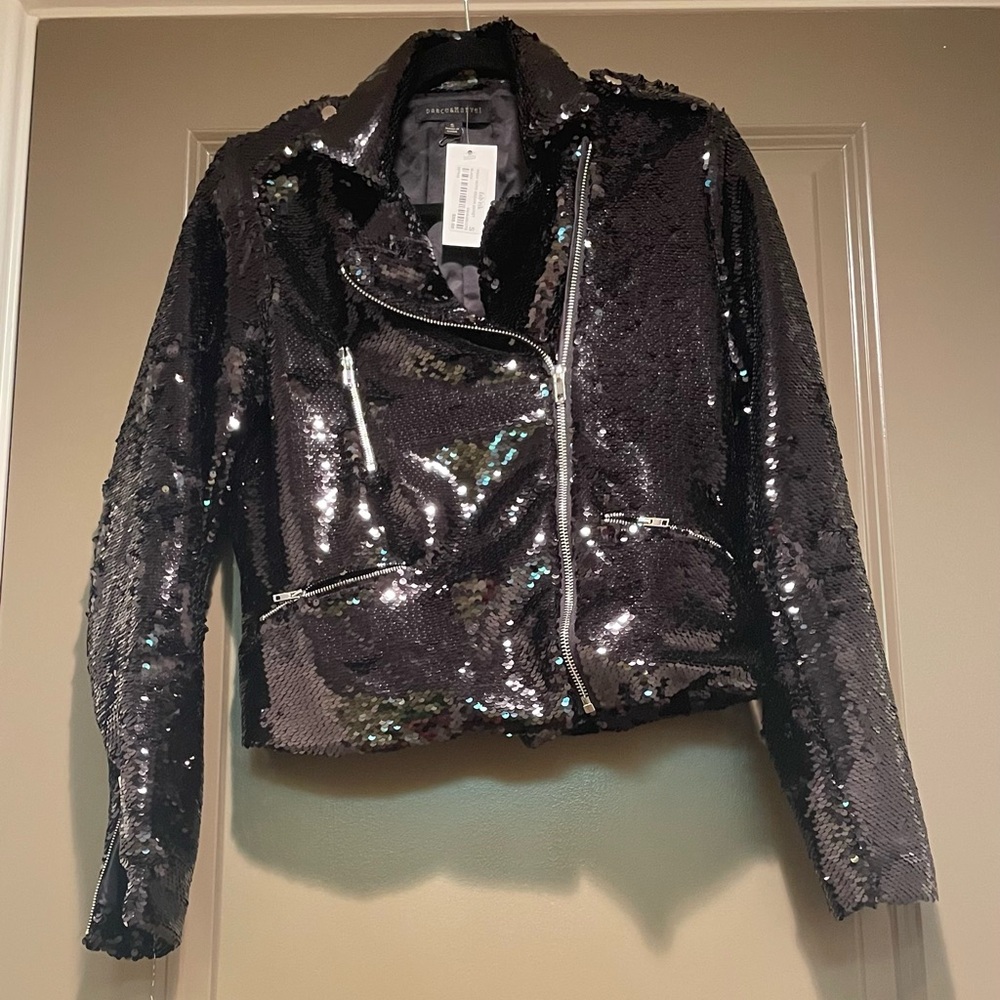 Brand New Dance & Marvel Black Sequined Biker Jacket Size S Cropped Zip Up Moto